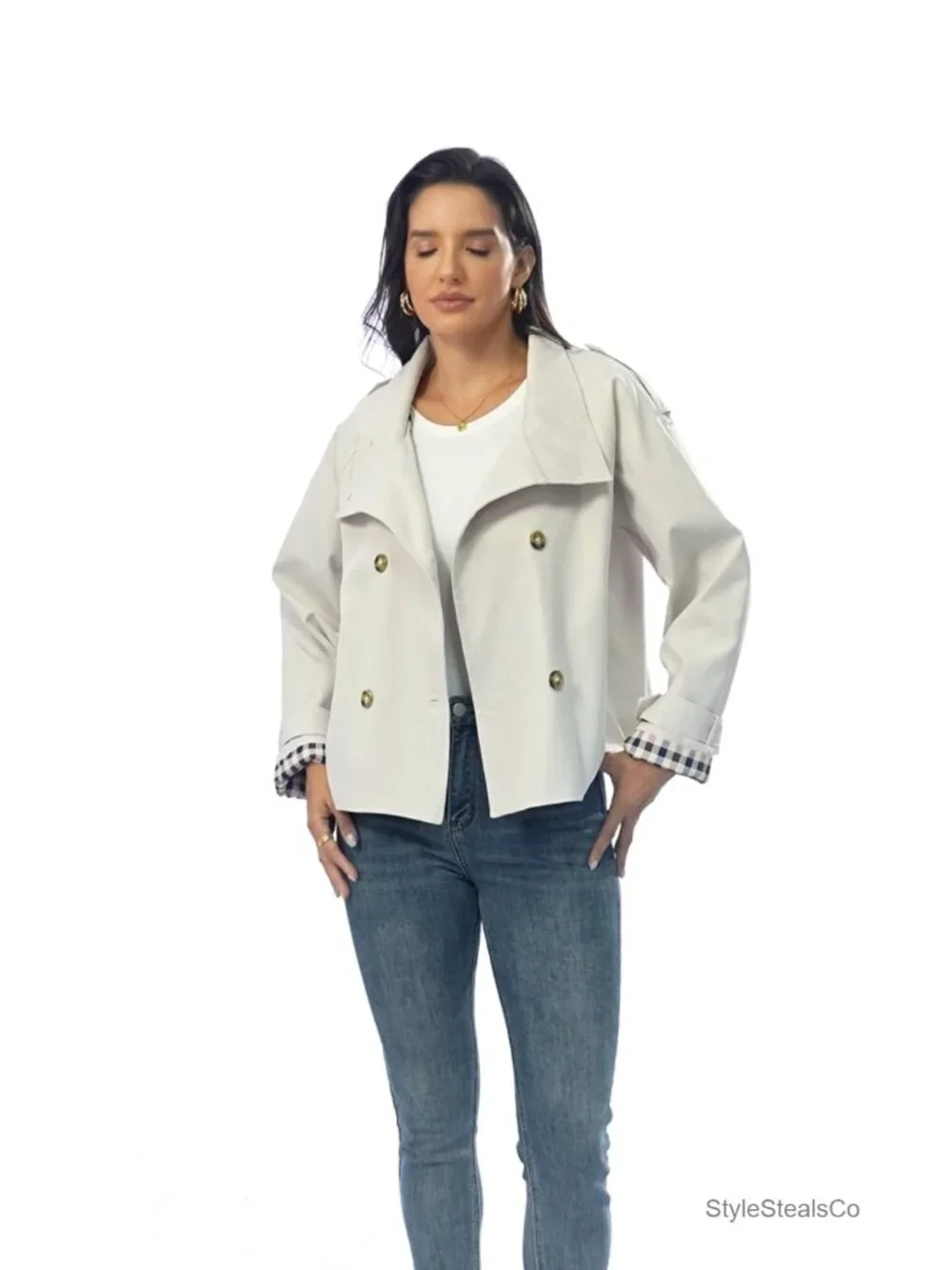 Womens Cropped Trench Coat Funnel Neck Double Breasted Fall Jacket